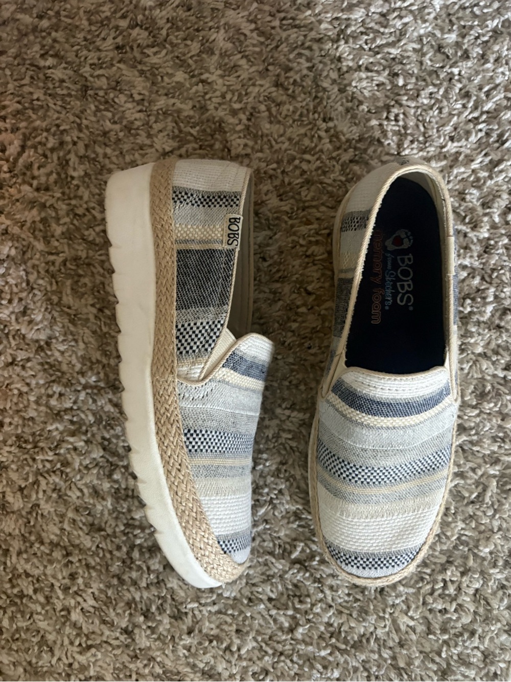 Skechers BOBS Slip-On Shoes in Blue and Tan Striped Canvas